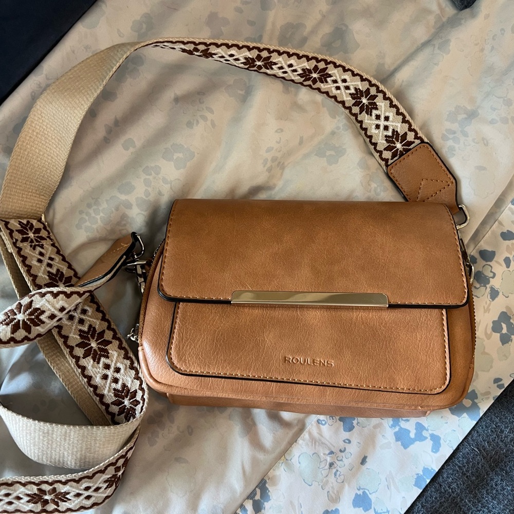 Tan Crossbody Bag with Patterned Strap